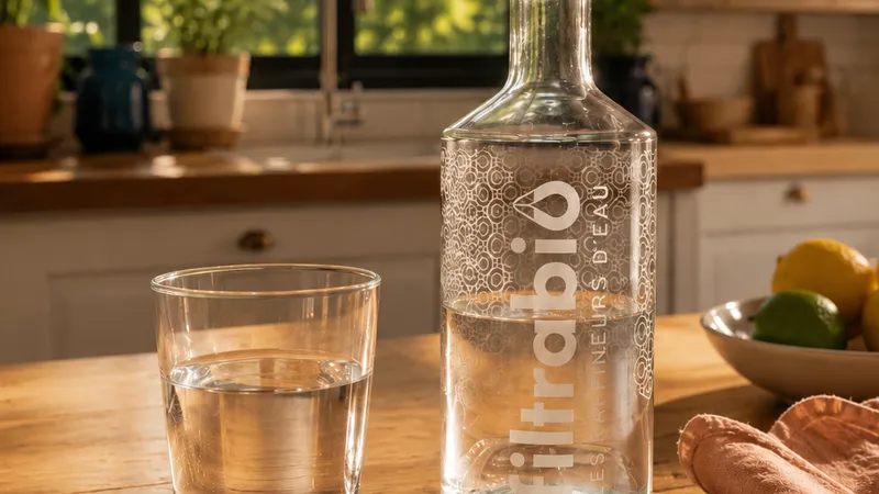 Verre et carafe d'eau filtrée dans une cuisine