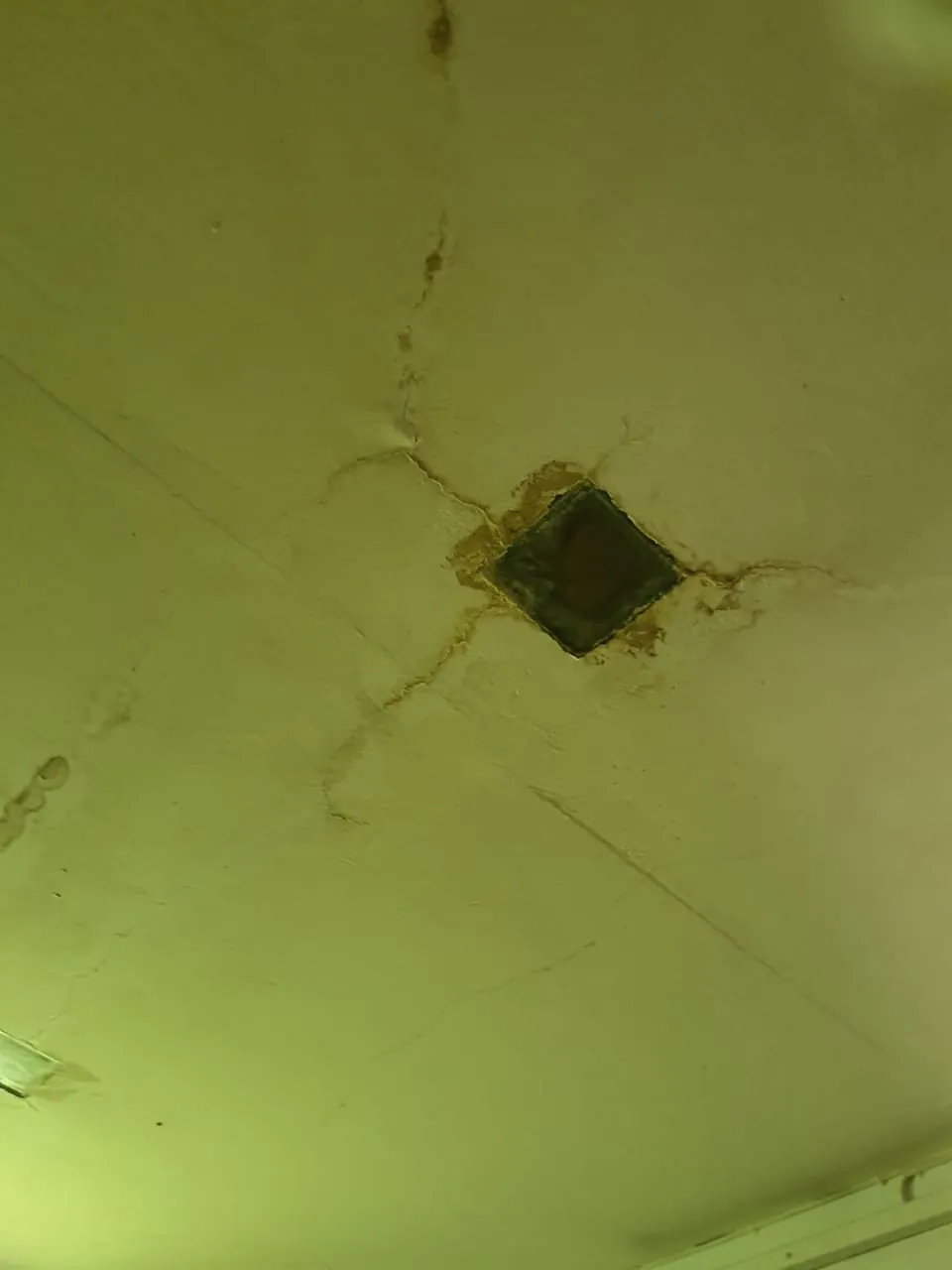 Plafond vert et boîtier d'encastrement avant installation d'un brasseur FANELITE au Lamentin